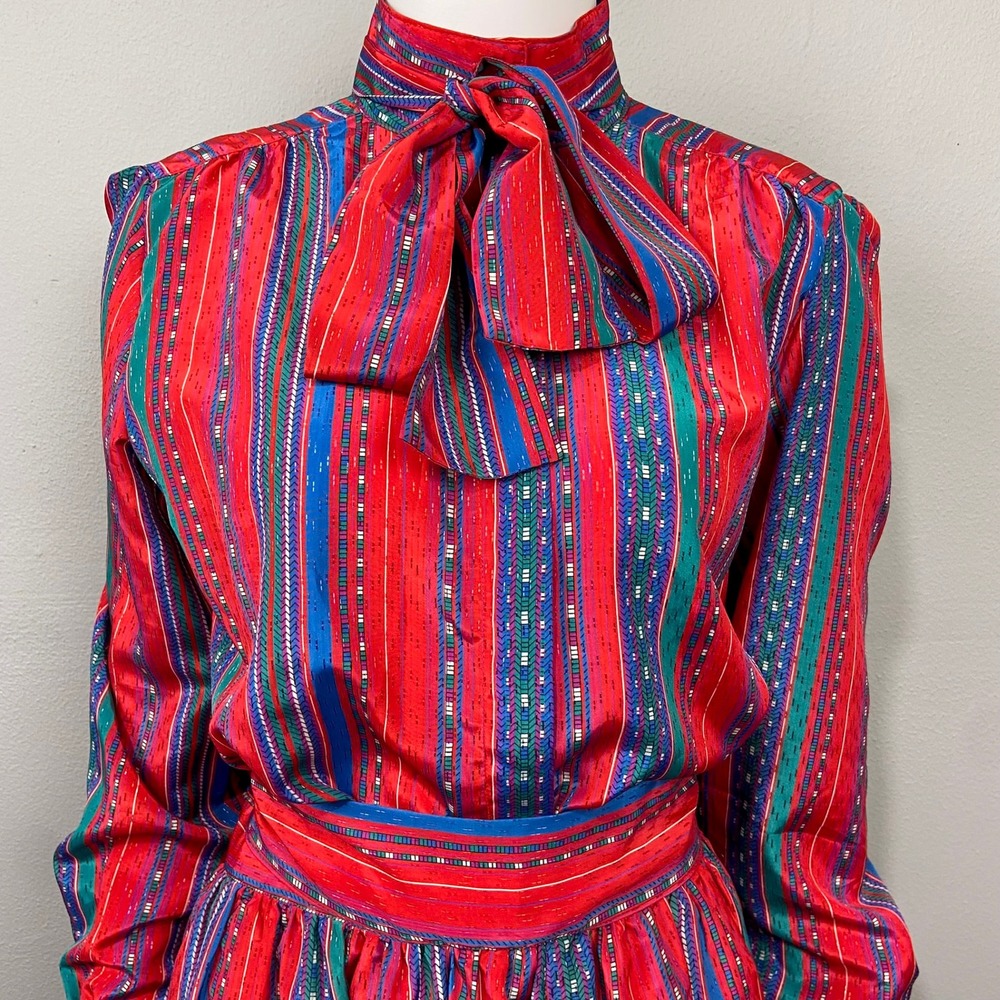 Vintage 70s Dress Skirt Set Womens Size 12 Red Striped 2 Piece Bow Neck Midi